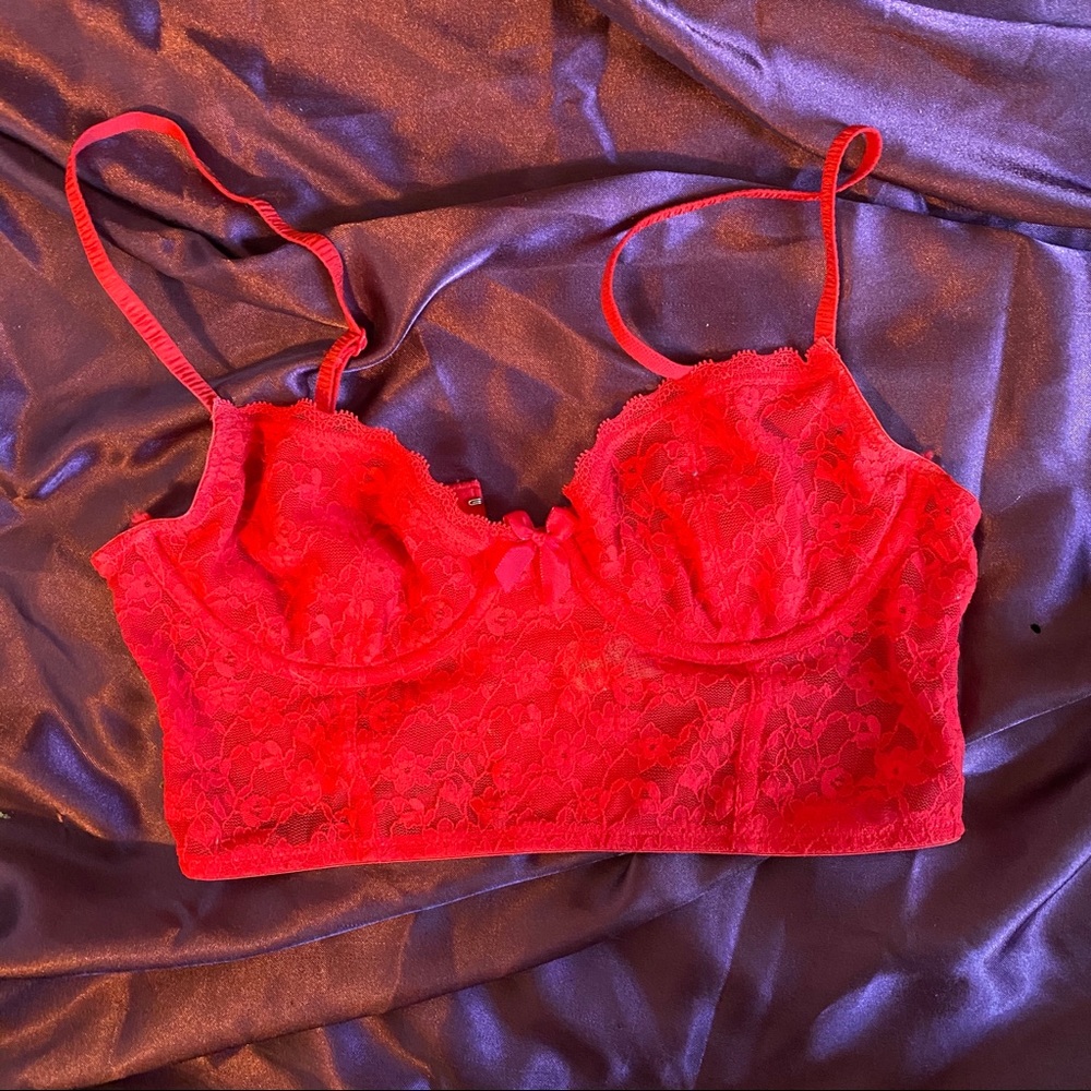 Red lace longline bralette